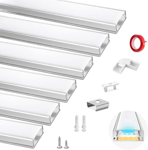 HOMMAND LED Channel, 6 x 1m/3.3ft U Shape Profile, Aluminium Profile and Diffuser Strip With Adhesive Tape, Corner Connectors, End Caps and Mounting Clips, Strip Light Cover 6m