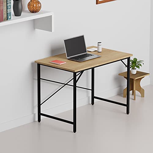 The Wall Home or Office Desk Study Table (100x60x75cm) (Black Frame, Beige Wood)