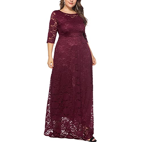 Damen Große Größen Spitzenkleid 3/4 Ärmel Chiffon Langes Cocktailkleider Abendkleider Cover
