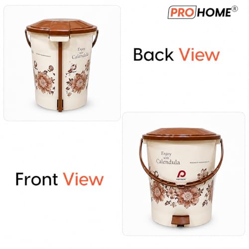 Image of PROHOME Calendula Floral Plastic Pedal Dustbin for Home, Office, Kitchen, Bathroom & Bedroom | Trash Can /Garbage Waste Bin with Lid & Handle (15L, Ivory)