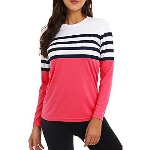 KINGFEN UPF 50+ Workout Tshirts Gym SPF Shirts for Women Rashguard Long Sleeve Blouses Uv Protection Moisture Wicking Sunscreen Fabric Loose Outdoor Running Quick Dry Top Rose Red Large Cover