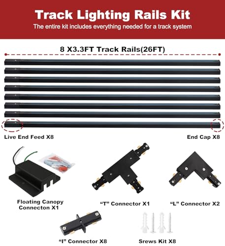 26FT-H-Track-Lighting-Rails-Black-H-Type-Track-Lighting-Rails-Kit-with-Floating-Canopy-Connector-End-Caps-Live-End-Feed-L-Connectors-Compatible-with-3-Wire-Single-Circuit-H-Style-System