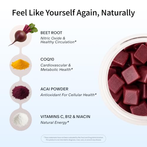 Image of Snap Supplements Nitric Oxide Beet Root Chews, Mixed Berry, 60 Soft Chews | 1,250mg Beet Root Extract per 2 chews CoQ10 & Acai for Cardiovascular, Clean Energy, & Circulation Support, Sugar-Free, Vegan