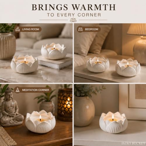Image of FairyBucket Lotus Scented Candle with Reusable Concrete Tea Light Holder | Vanilla Fragrance Soy Wax Candle | Handcrafted White Lotus Candles for Home Decor, Bedroom, Living Room & Gifting