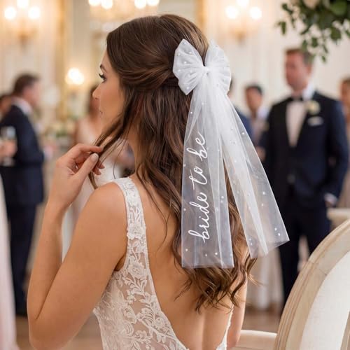 Pinza con moño y velo blanco para novia miniatura 6