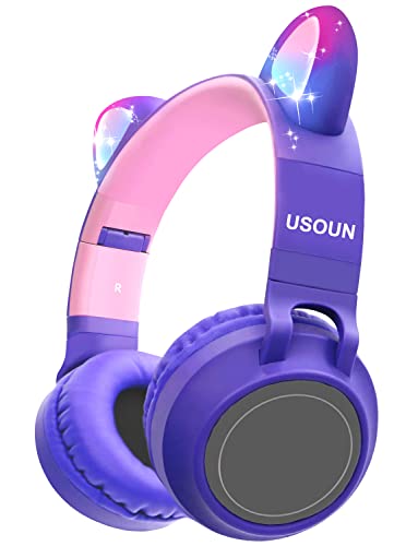 Usoun Auriculares Bluetooth para niños, LED Cascos Bluetooth Inalámbricos, Auriculares Plegable para niños con Orejas de Gato, 85dB Volumen Limitado para niños,niñas y Adultos(púrpura)