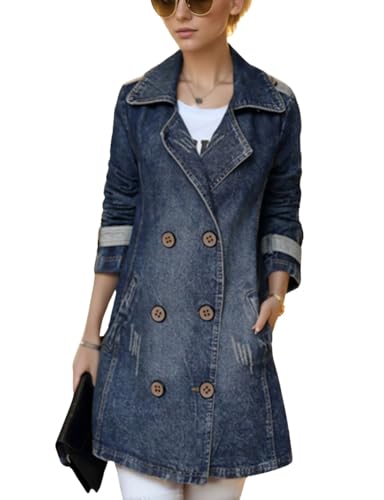 Kwoki Women's Mid Long Denim Trench Coat Casual Slim Double Breasted Distressed Ripped Jean Jacket with Pockets