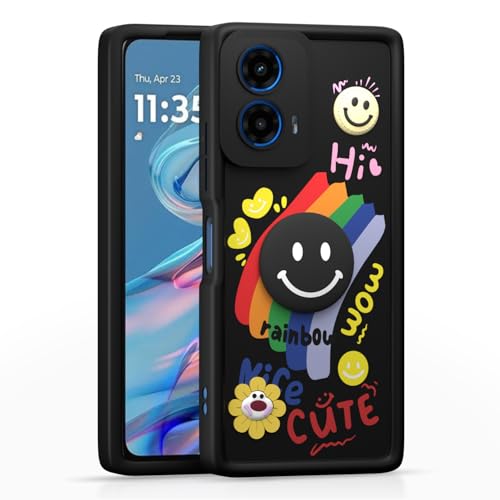 Image of Pikkme Back Cover for Motorola Moto G34 / G45 5G | Soft Silicone| Cute Rainbow Smile & 3D Cartoon Flower Design | Shockproof Raised Camera Protection Bumper Case (Black)