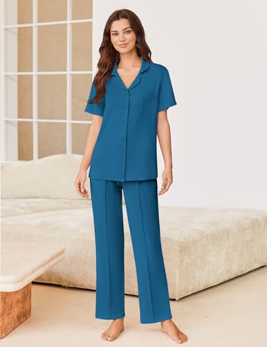 Image of Ekouaer Pajamas for Women Set Button Up Short Sleeve Pjs Sets With Pockets | Soft Womens Sleepwear,V Neck,Notch Collar,2 Piece Classic Loungewear With Long Pant for Sleep,Lounge,Fall