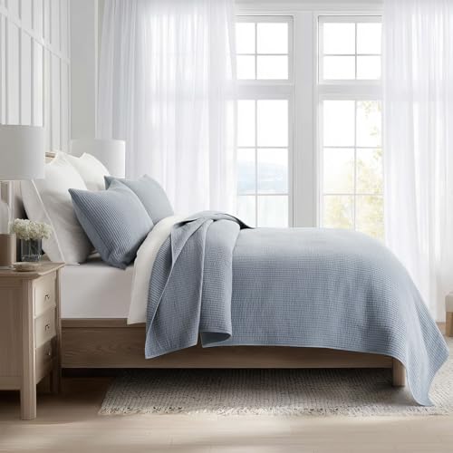 Image of EVERGRACEHOME Cotton Coverlet Set Full Queen Size 3 Pieces, Lightweight Soft Ribbed Matelasse Bedspread Quilt Set, Cozy Oversized Quilted Bedding Set with 2 Pillow Shams for All Seasons, Blue Linen