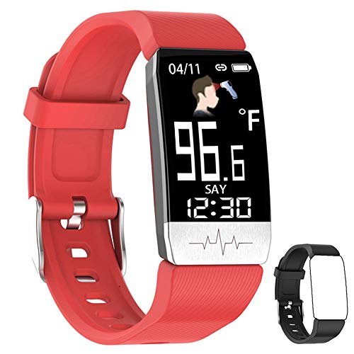 YZJ Fitness Trackerï¼ŒBody Temperature Watch with Heart Rate Blood Oxygen Blood Pressure Monitor,Pedometer Smart Watch with Sleep Monitor, Step Counter for Kids Women Men (f-Red+Black)