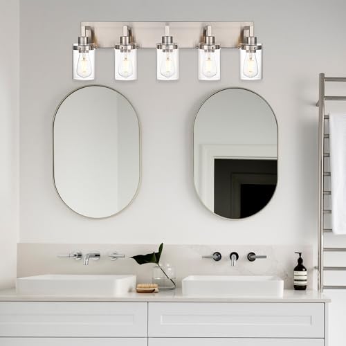 Image of 5 Light Metal Base Wall Mount Lighting with Clear Glass Shade,Brushed Nickel Bathroom Light Fixtures Bath Wall Sconces for Mirror, Kitchen,Hallway