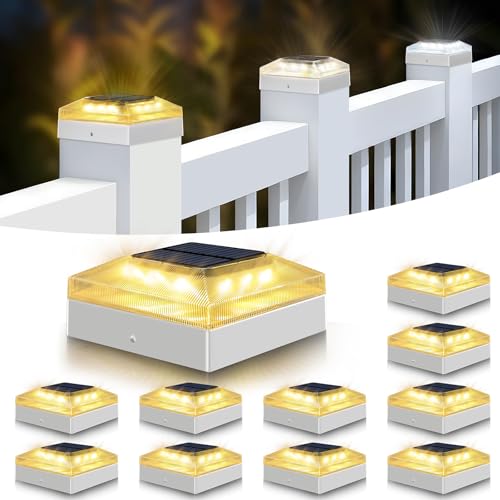 vighep 4x4 Solar Post Cap Lights Outdoor – 12 Pack Fence Post Light with 3 Color Modes, Waterproof Solar Powered Deck Lights for Vinyl/Wooden Posts Top, Garden-White