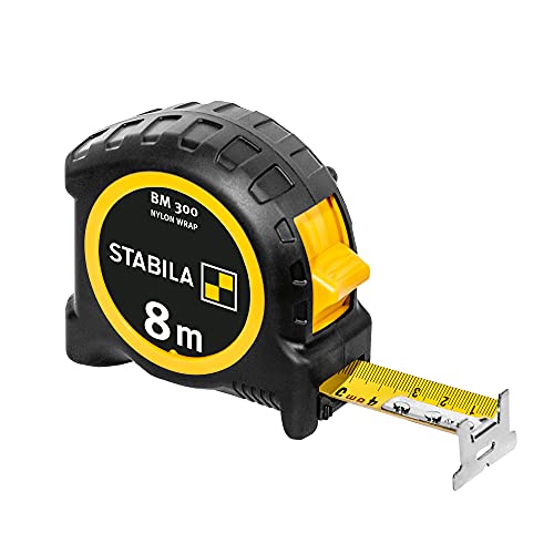 STABILA Taschenbandmaß BM 300, 8 m, Maßband mit doppelseitiger metrischer Skala, bruchsicheres PC/ABS-Gehäuse, SPIKES-Haken, Stahlband mit NYLON-WRAP-Ummantelung, Gürtel-Clip, MID-Genauigkeit