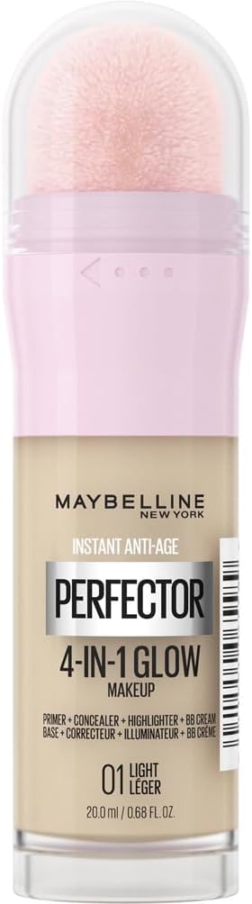 Maybelline New York Perfecteur de Teint Illuminateur 4-en-1 – Base/Anti-cernes/BB Crème/Enlumineur – Fond de Teint 4-en-1 Perfecteur d&rsquo;Éclat Instantané – Teinte : Clair (01) – 20 ml