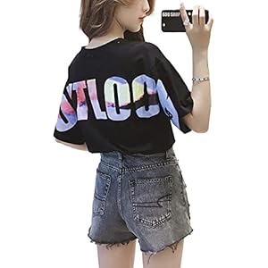 [MLboss]レディース 半袖 Tシャツ ゆったり プリント オーバーサイズ 着痩せ ファッション 韓国風 ビックTシャツ ロング トップス (ブラック 2XL)" 