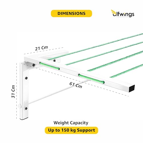 Image of Foldable Wall Mount Cloth Drying Stand | Heavy Load Capacity: Up to150 Kg | Dress Drying Hanger and Rope Metal Pipe | for Indoor, Outdoor and Balcony | (White, Pack of 2)