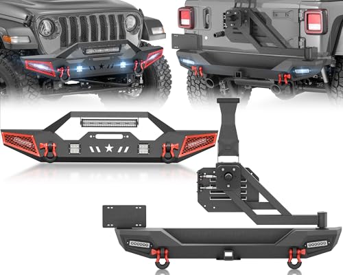 Image of Front & Rear Bumpers with Spare Tire Carrier Compatible with 2018-2026 Jeep Wrangler JL JLU Unlimited w /Paintable Armor, Winch Plate, License Plate Bracket, LED Lights, 2 inchHitch Receiver, D-rings