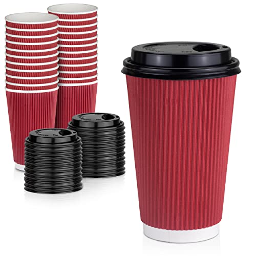 [50 Stück] Einweg-Kaffeetassen mit Deckel - 473 ml, dunkelrot, doppelwandig, geriffelt, isolierte Kaffeetassen mit schwarzem Kuppeldeckel - Kraftpapierbecher für Schokolade, Tee und Kakao-Getränke Cover