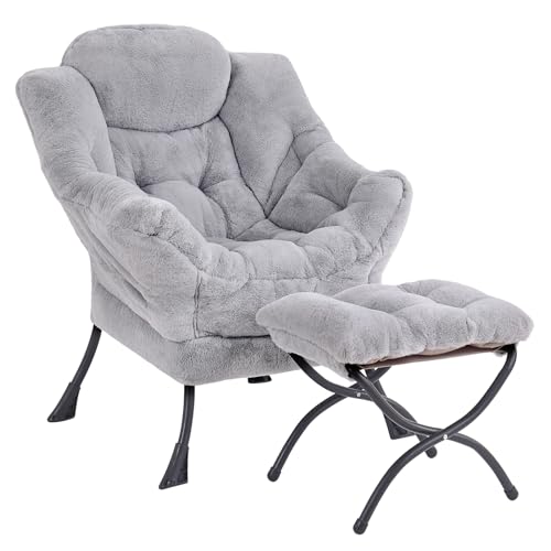 SESHINELL Armchair with Ottoman, Comfy Upholstered Lounge Reading Chair with Side Pocket and Armrests, Modern Bedroom Lazy Chair and Footstool Set for Living Room, Plush Grey