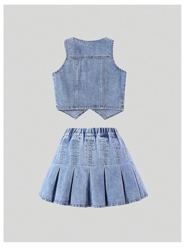 Image of MakeMeChic Girl's Two Piece Summer Cute Cowgirl Outfits Denim Jeans Button Down Vest and Pleated Mini Skirt Set