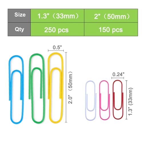 Vinaco Paper Clips Colorful, Medium and Jumbo（1.3 inch & 2 inch） Paper Clips, Durable and Rustproof, Coated Large Paperclips Great for Office School Document Organizing (Multicolor image 2