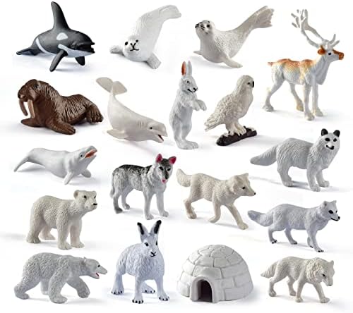 Mini Animals Toys Set, 18Pcs Realistic Animals Toy Figures Plastic Reindeer White Whale Bear Fox Wolf Mini Arctic Animals Figurines Set, Animal Educational Toy Gift for Kids Birthday Cake Topper