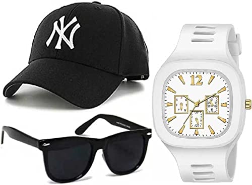 PUTHAKCombo Pack of 3 Stylish Dial Watch, Stylish Sport Baseball Cap & Stylish Aviator Wayfarer Sunglass for Men's and Boy's (Pack of 3) PTHK-1717