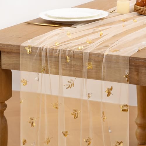 Image of Fall Maple Leaf Table Runner Beige Sheer Gauze Foil Table Runner, 6PC