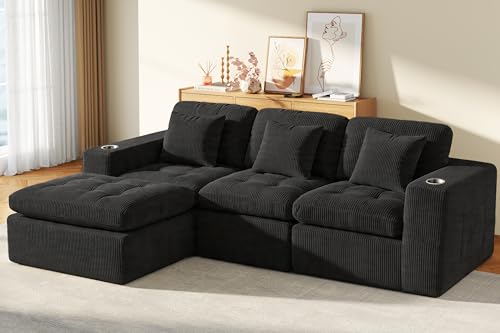 Image of Modular Sectional Sofa, 105 inch L Shaped Comfy Cloud Couch with Deep Seat, Boneless Couch for Living Room, Corduroy Modular Sofa with Chaise and Cup Holders, No Assembly Required, Black | Comfy Cloud Couch