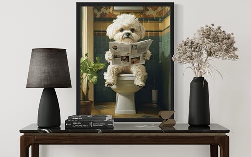 Image of Maltese on Toilet Black Framed Wall Art Print Poster, Dog Bathroom Humor Decor Posters Prints for Restroom Home Picture Painting Artwork Gallery 7 (Maltese, 18 x 24 inches, Black Frame)