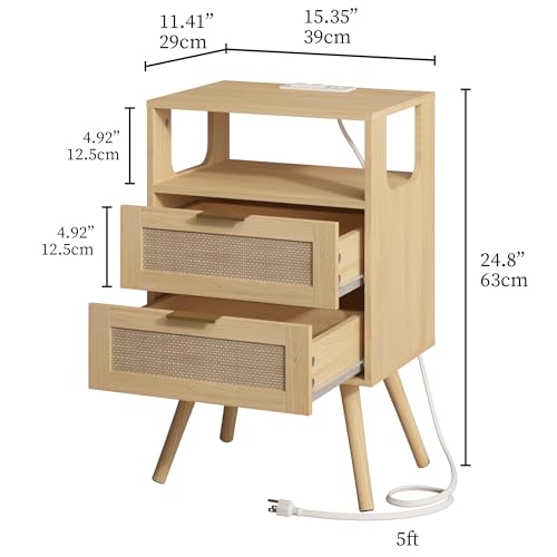 Image of JOONEE Rattan Nightstand with Charging Station,Farmhouse Bedside Table with 2 Storage Drawer and Open Wood Shelf, for Bedroom and Small Spaces,Night Stand with Solid Wood Legs (Yellow Oak-Outlet)