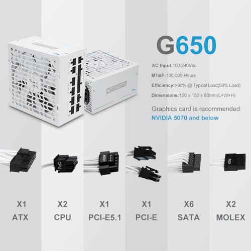 Image of SAMA G650 650W Gold ATX 3.1 PCIe 5.1 Fully Modular Power Supply, White | 80 PLUS Gold Certified,Cybenetics Gold Rated,Japanese Capacitors,PCIe 5.1 (450W),12V-2x6,ECO Silent Fan,650W Gaming PSU