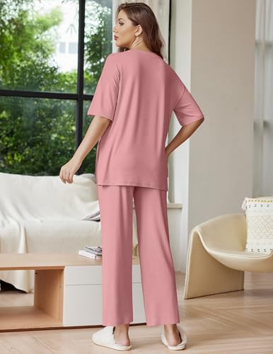 Image of Ekouaer Lounge Sets for Women Short Sleeve Tops and Long Pants Soft Comfy Pajamas Set 2 Piece Outfits