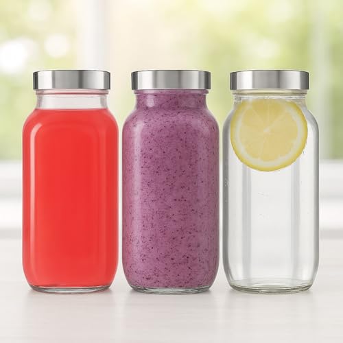 Image of 500ml Square Water Bottle Set of 3 | Airtight Steel Lid Juice Bottle | Clear Glass Water, Milk, Shake & Kombucha Storage Jar | Kitchen & Fridge Container Set