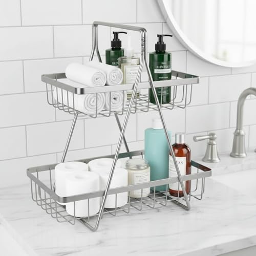 Image of 2 Tier Metal Fruit and Vegetables Basket with Handle | Fruit Vegetables Snacks and Bread Organizer for Kitchen, Dining Table, Livingroom | Bathroom Countertop Stand (Design 2 - Silver)