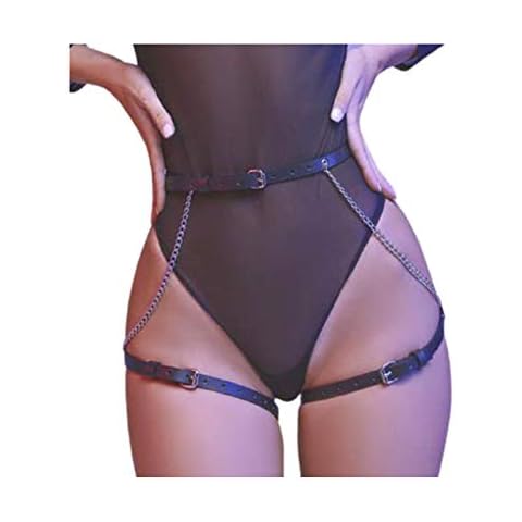 Fstrend Sexy Leather Belt Waist Chain Punk Black Harness Body Chians Nightclub Party Prom Rave Belly Belt Leg Thigh Jewelry Accessories for Women and Girls Cover