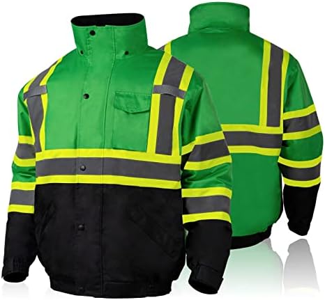 FONIRRA High Visibility Safety Jackets for Men with Fleece Liner,ANSI Class 3 Reflective Waterproof Bomber Jacket(Green,L)