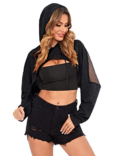 Verdusa Women's Sheer Fishnet Drop Shoulder Drawstring Hoodie Crop Sweatshirt Black M #TOP3