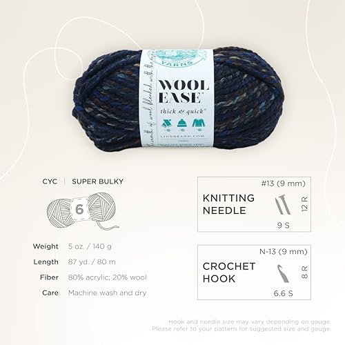 Image of Lion Brand Yarn, Wool-Ease Thick & Quick Yarn, Night Shadow, Blue, 3 Pack | Super Bulky Wool Acrylic Blend Fiber for Soft Hats, Sweaters, Chunky Blankets, Yarn for Crochet, Knitting, Crafts, Weaving