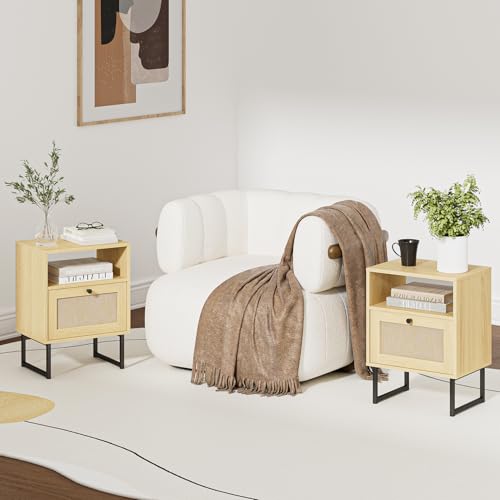 Image of Rattan Nightstand, Mid Century Modern Night Stand,Boho Farmhouse Wood Bedside Table with Storage and Open Shelf, End Side Accent Table for Bedroom,Living Room,Oak