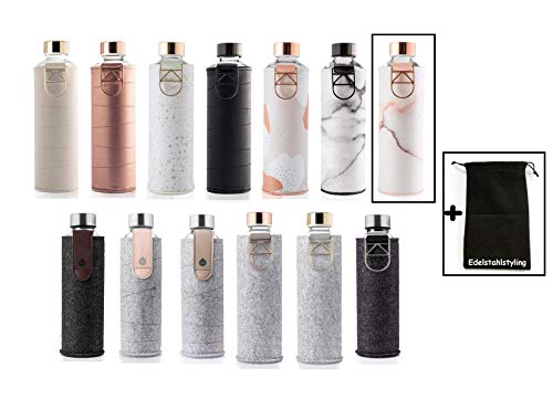 Equa Mismatch Trinkflasche Glasflasche Borosilikat Glas 750 ml mit Kunstleder- oder Filzhülle + Stoffbeutel (Lava - Kunstlederhülle Metallgriff)