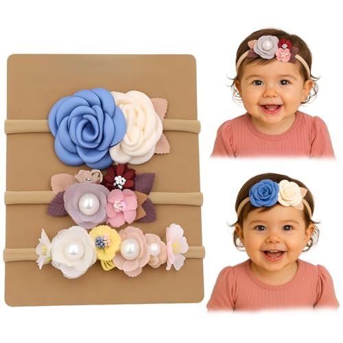 Image of SYGA 3 Pcs Baby Headband, Flower Stretchable, Nylon HairBand for Newborn Infant Toddlers Kids 0-3 Year-Design-5