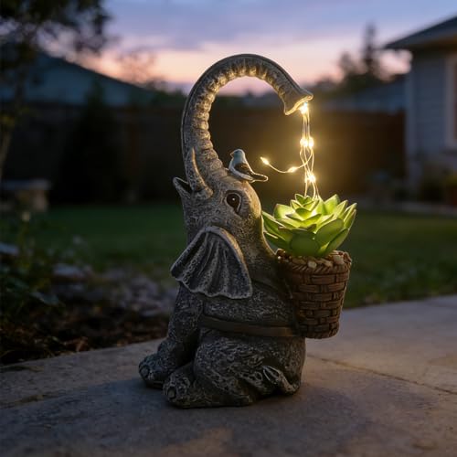 SAMPU Craft Solar Powered Garden Statue with LED Lights Grey Stone Resin Elephant Planter Decorative Outdoor Sculpture with Birds and Succulents for Balcony Garden Patio Yard Lawn