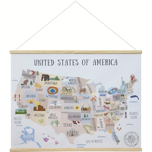 Image of Bon et Beau 32 x 24 Inch Embroidered USA Map Poster for Kids with Wood Hanger – Neutral Wall Décor for Boys and Girls Nursery, Bedroom and Playroom
