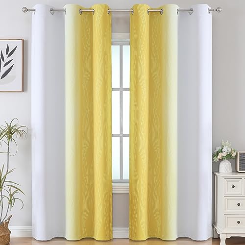 Estelar Textiler Yellow and Greyish White Gradient Room Darkening Blackout for Living Room, Thermal Insulated Ombre Light Blocking Grommet Blackout Drapes for Bedroom, 42Wx84L, 2 Panels