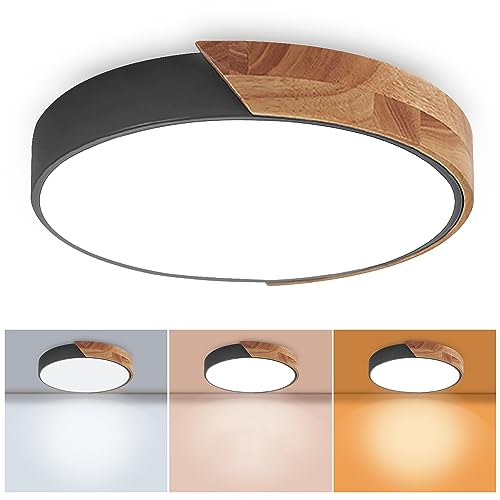 Wood LED Flush Mount Ceiling Light, 3CCT 3000K-6500K Modern Black
