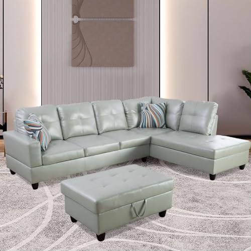 Image of L-Shaped 3-Piece Semi PU Synthetic Leather Sofa with Storage Ottoman Set, Sectional Couch Sofa Set for Living Room, Office, Small Space, Silver Green