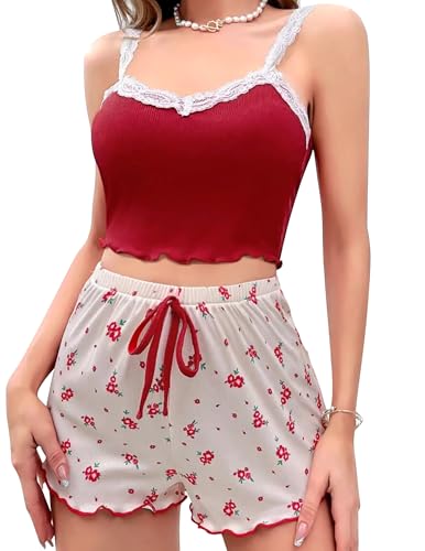 Image of Girece Sexy Pajama Set for Women 2 Piece lounge Set Floral Cami and Shorts Lingerie Set Cute Pjs Lace Trim Sleepwear