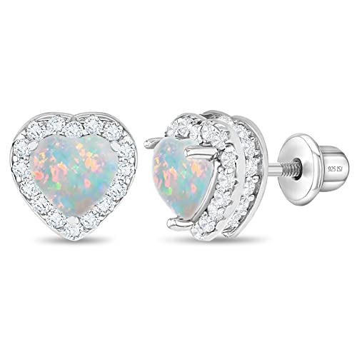 925 Sterling Silver White Simulated Opal Birthstone Heart Safety Screw Back Earrings for Little Girls, Pre-Teens and Teens 8mm - Beautiful Heart Shaped Earrings with CZ Stones